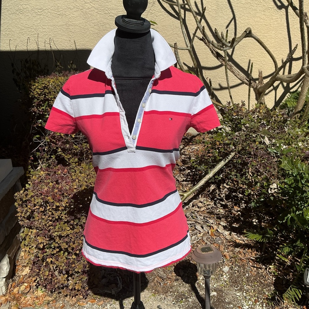 Tommy Hilfiger Pink, White, Red, and Blue Striped Y2K Preppy Polo
